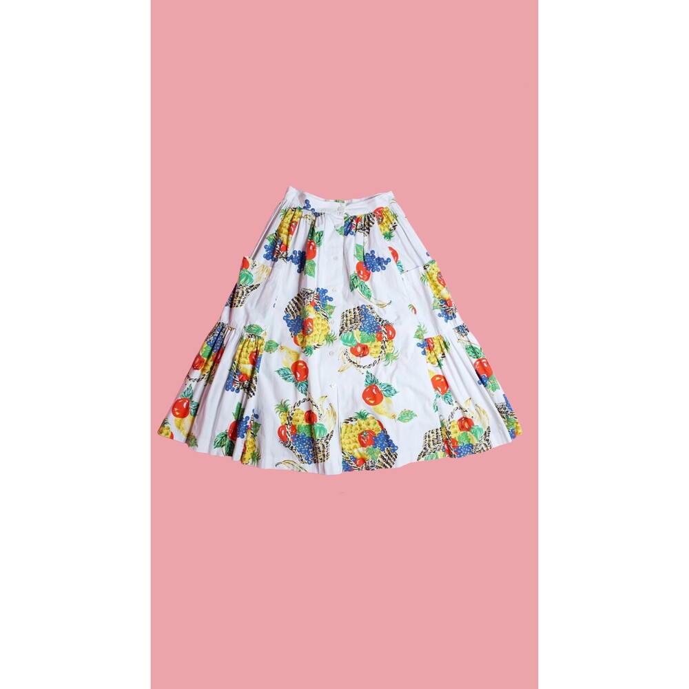 1980s EMANUELLE FRUIT Basket Print High Waist Button Up Skirt W/Pockets. Small